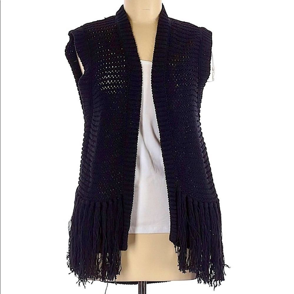 NWT DKNY Black Fringe Loose Knit Cardigan Sleeveless Sweater Sz M